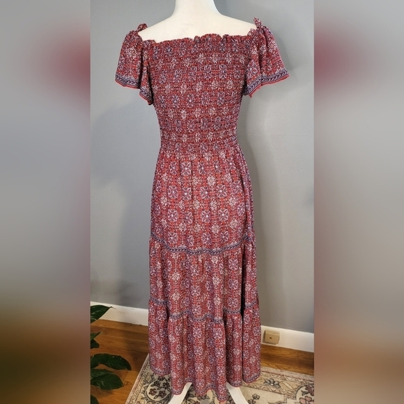 Max Studio Smocked On or Off Shoulder Red Print Tiered Boho Maxi Dress Size S - Picture 4 of 12